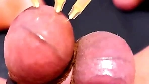 Testicle skewering cbt, edging & cumshot nearby 3 needles, precum & stretched slaver