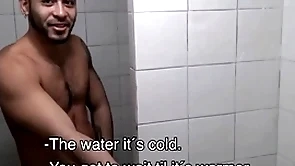 Two hot amateur young latino jocks paid savings by stranger to fuck back gym shower
