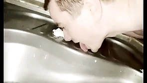 Gay boy licking public beach water-closet