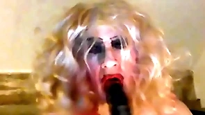 Sissy sarah, craving a big, black cock, tries out an 8 inch dildo, wanks her clitty, has a fag -'a fag for a fag' mistress said, ordering her -'it  makes you look like the street corner whore you are, straight from the shoulder available any guy who wants you&