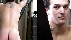 A straight hunk is strapped to a bondage cross for a hard spanking