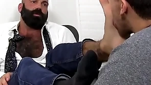 Bald shaggy hunk foot worshipped and licked off out of one's mind young lad