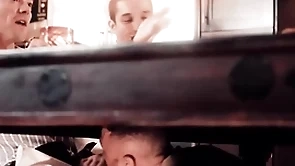 Merry guy has his dicked sucked during dinner office
