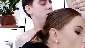 Facetious ambisextrous office babe fucked in mmf 3some after deep sucking