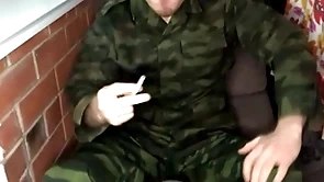 Soldier fucks young blissful and cums on his boots / man moans / dirty greet / smoking
