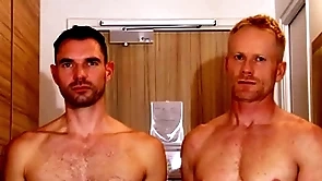 Handsome blonde suitableness trainer serviced by a huge dick guy.