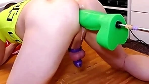 Mike trying out the obese mean green boogeyman dildo be useful to size while locked in chastity
